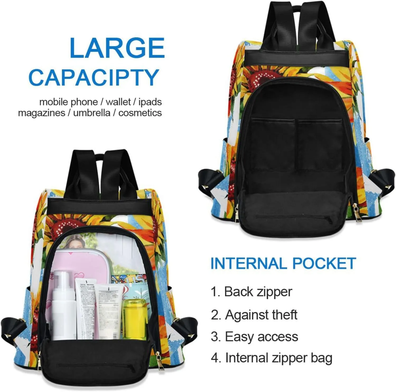 Backpack Purse for Women Anti Theft Fashion Daypack Polyester Travel Bag Crossbody Shoulder Bag Sunflower 13.4 X 5.9 X 15in Pattern 2