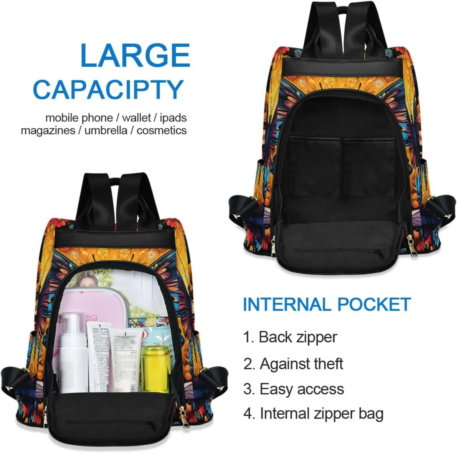 Backpack Purse for Women Anti Theft Fashion Daypack Polyester Travel Bag Shoulder Bag Butterfly 13.4 X 5.9 X 15in Pattern 3
