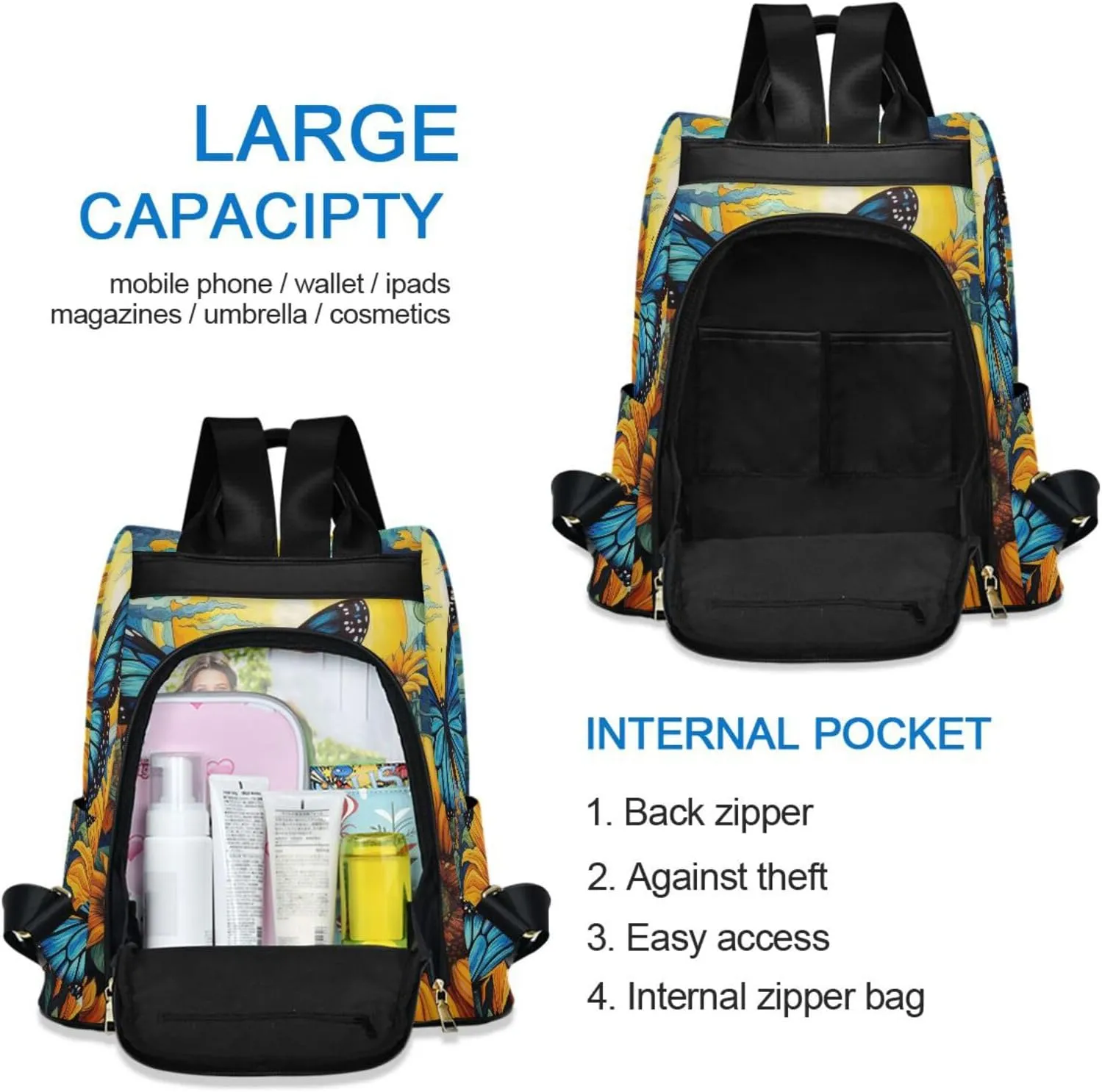 Backpack Purse for Women Anti Theft Fashion Daypack Polyester Travel Bag Shoulder Bag Butterfly 13.4 X 5.9 X 15in Pattern 5