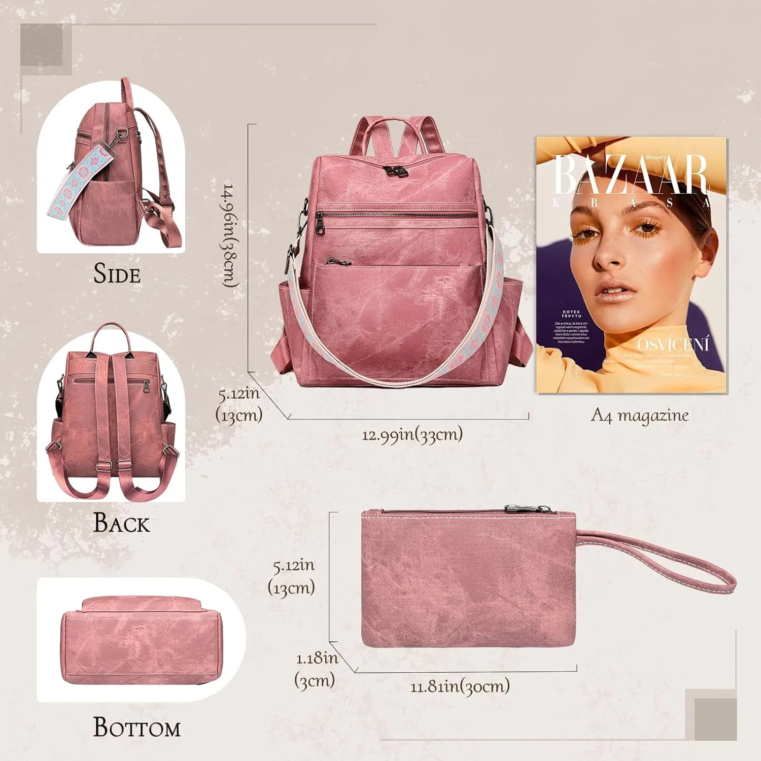 Backpack Purse for Women, Waterproof PU Leather Backpack, Anti-Theft Women Back pack, Lightweight Fashion Multipurpose Convertible Travel Shoulder Bag Handbag, Pink