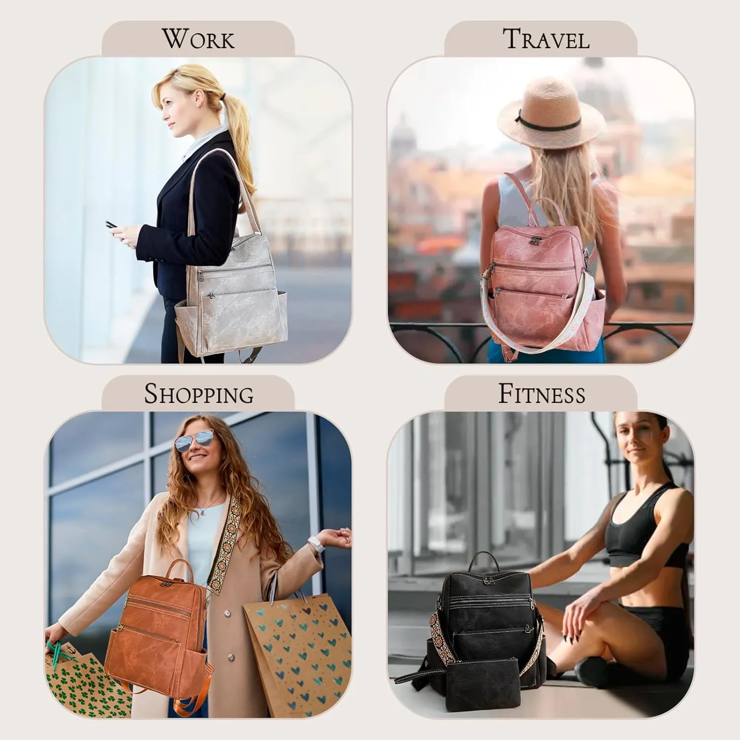 Backpack Purse for Women, Waterproof PU Leather Backpack, Anti-Theft Women Back pack, Lightweight Fashion Multipurpose Convertible Travel Shoulder Bag Handbag, Pink
