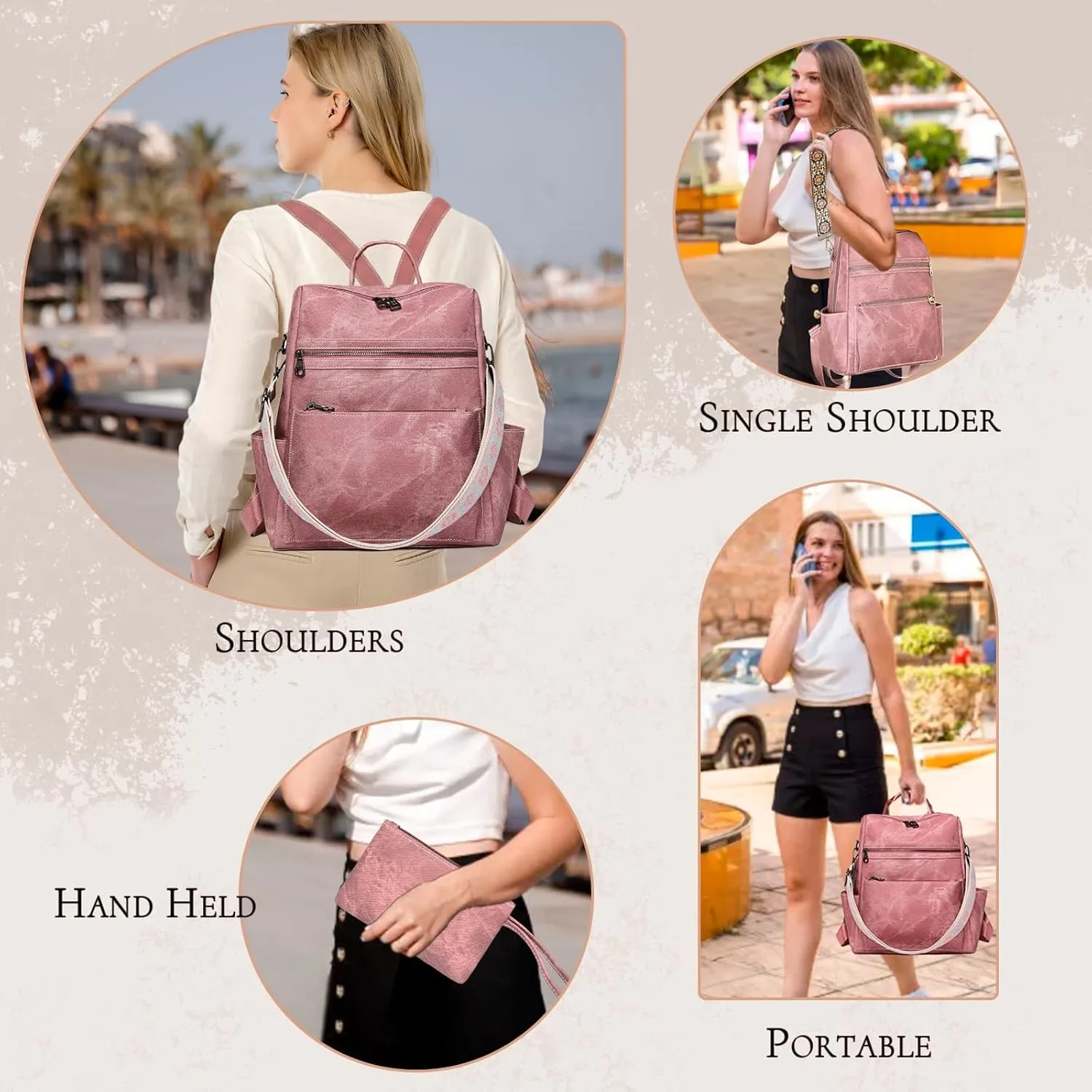 Backpack Purse for Women, Waterproof PU Leather Backpack, Anti-Theft Women Back pack, Lightweight Fashion Multipurpose Convertible Travel Shoulder Bag Handbag, Pink