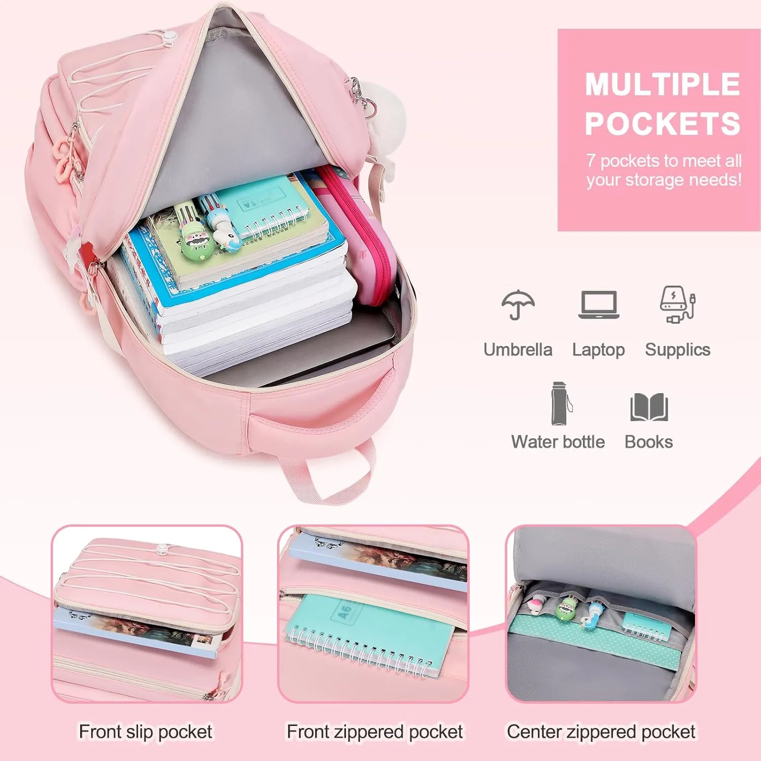 Backpacks for Girls, 3 PCS Girls Backpack with Lunch Box, Pencil Cace Set for Teen Girl Kids, Bookbag School Backpack for Elementary Middle High School College Students Age 3  Pink