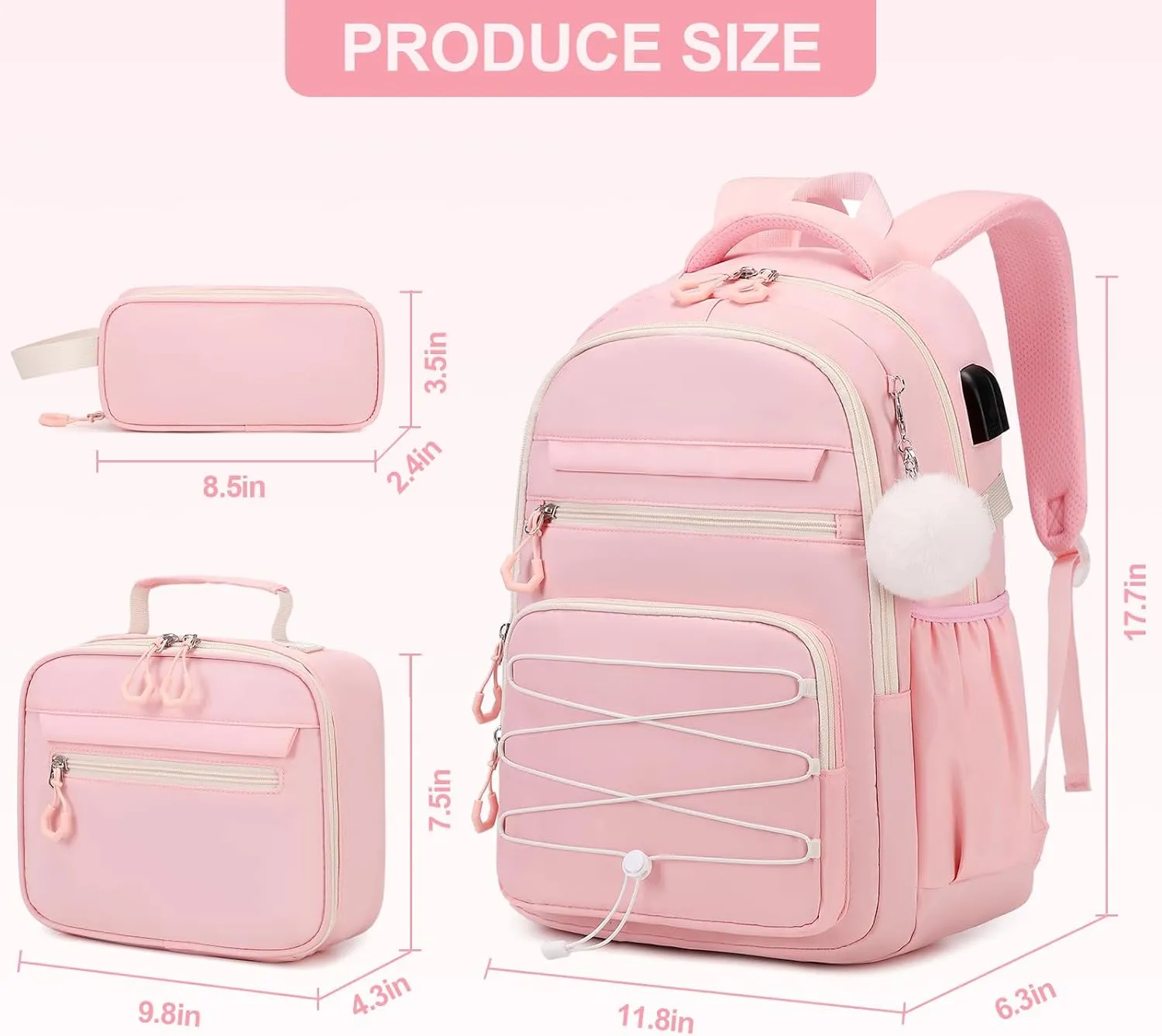 Backpacks for Girls, 3 PCS Girls Backpack with Lunch Box, Pencil Cace Set for Teen Girl Kids, Bookbag School Backpack for Elementary Middle High School College Students Age 3  Pink