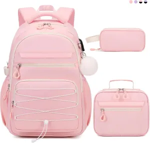 Backpacks for Girls, 3 PCS Girls Backpack with Lunch Box, Pencil Cace Set for Teen Girl Kids, Bookbag School Backpack for Elementary Middle High School College Students Age 3  Pink