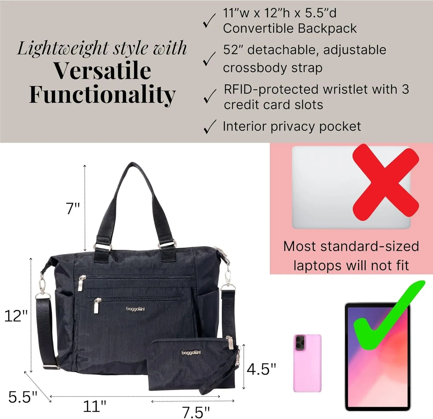 Baggallini Trifecta Convertible Backpack Crossbody Tote Bag-11x12 Lightweight Travel Bag W/RFID Phone Wristlet