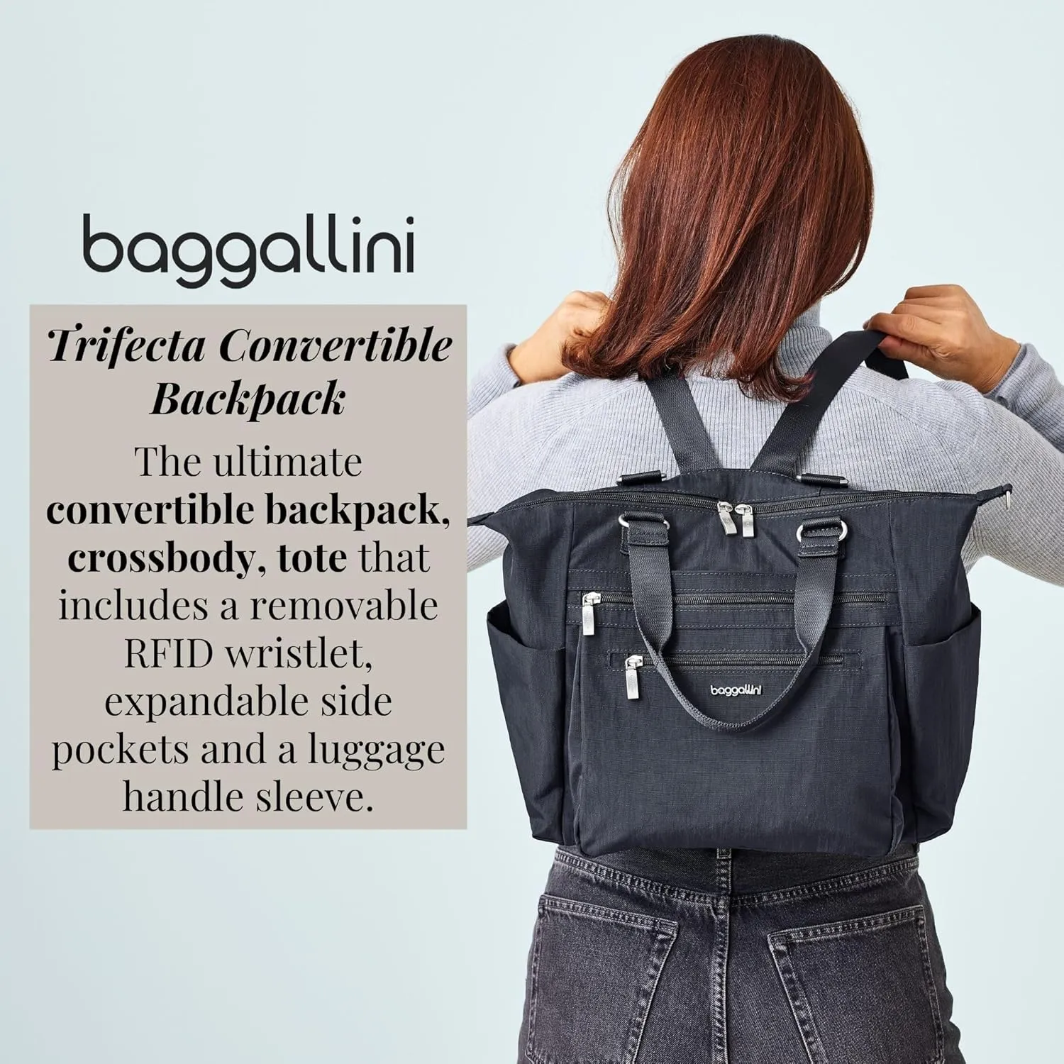 Baggallini Trifecta Convertible Backpack Crossbody Tote Bag-11x12 Lightweight Travel Bag W/RFID Phone Wristlet