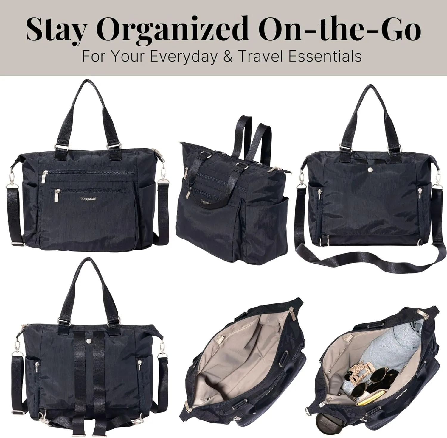 Baggallini Trifecta Convertible Backpack Crossbody Tote Bag-11x12 Lightweight Travel Bag W/RFID Phone Wristlet