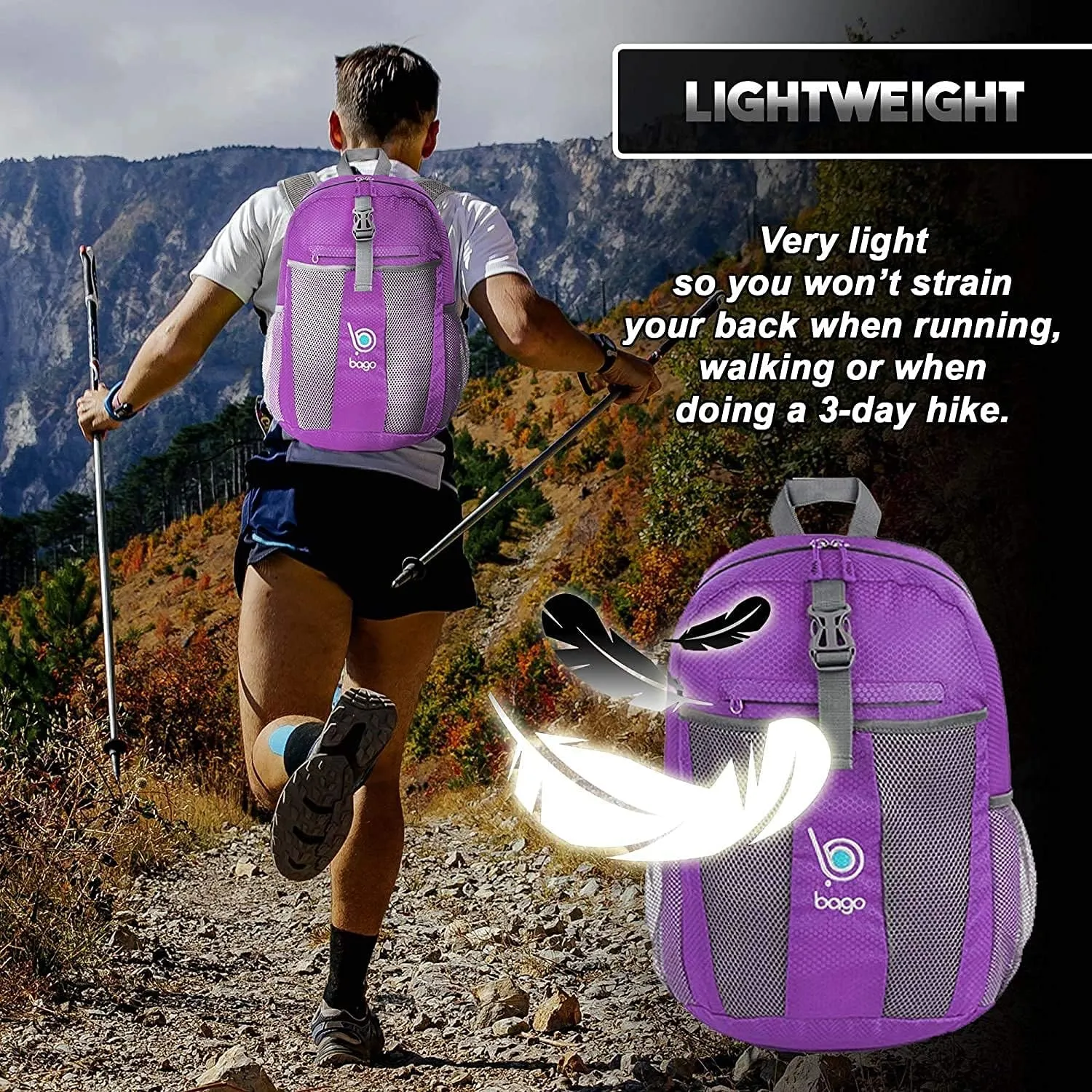 bago Lightweight Small Hiking Backpack for Women and Men - 25L Travel Day Pack - Foldable Hiking Daypack Ultralight for Camping Outdoor Sports - Day Bag Packable Backpack for Travel (Purple)