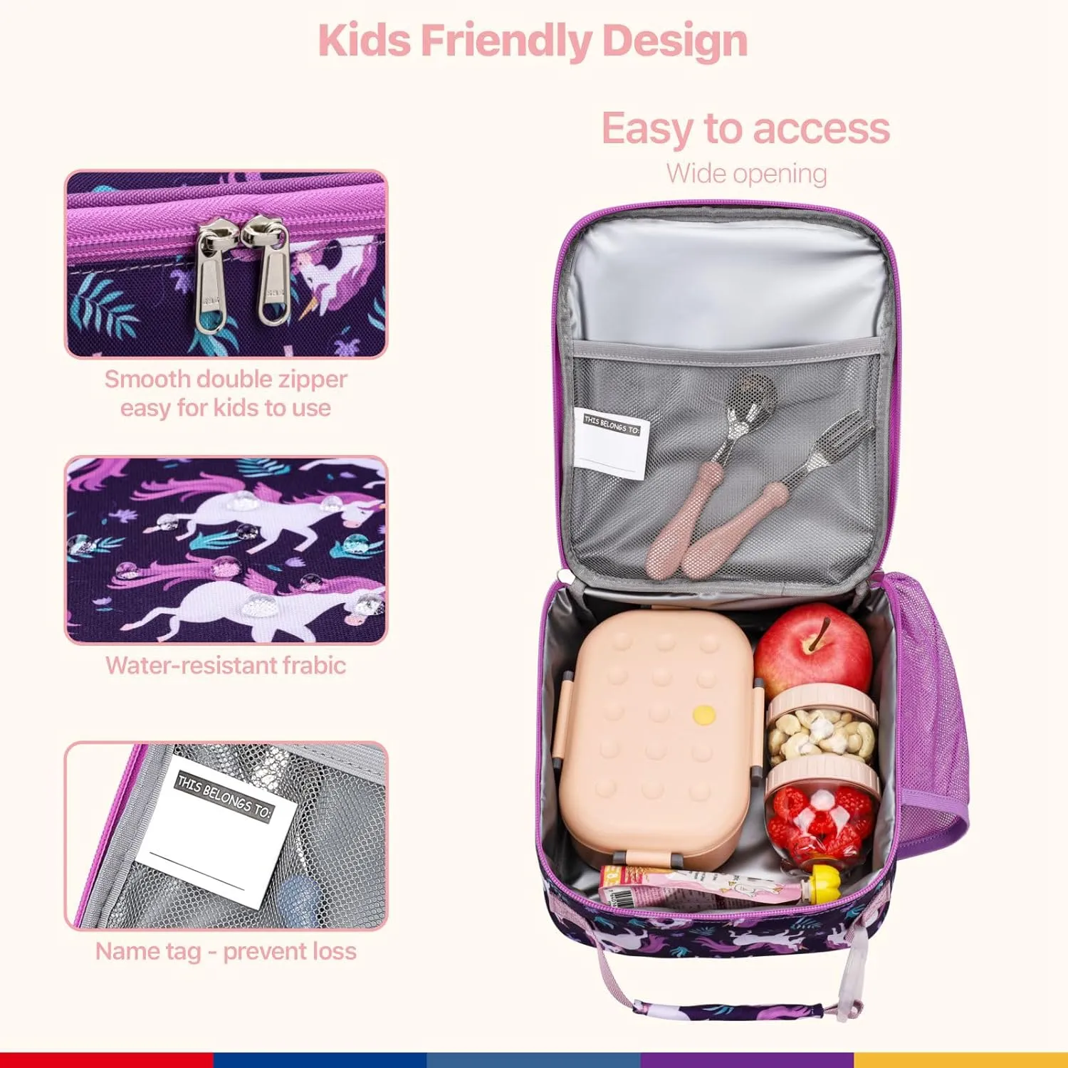 Bagseri Lunch Bag for Kids - Girls Lunch Box Insulated Leak-Proof and Reusable Lunch Bag for Girls With Water Bottle Holder Toddler Lunch Box for Daycare and School, Deep Purple Unicorn