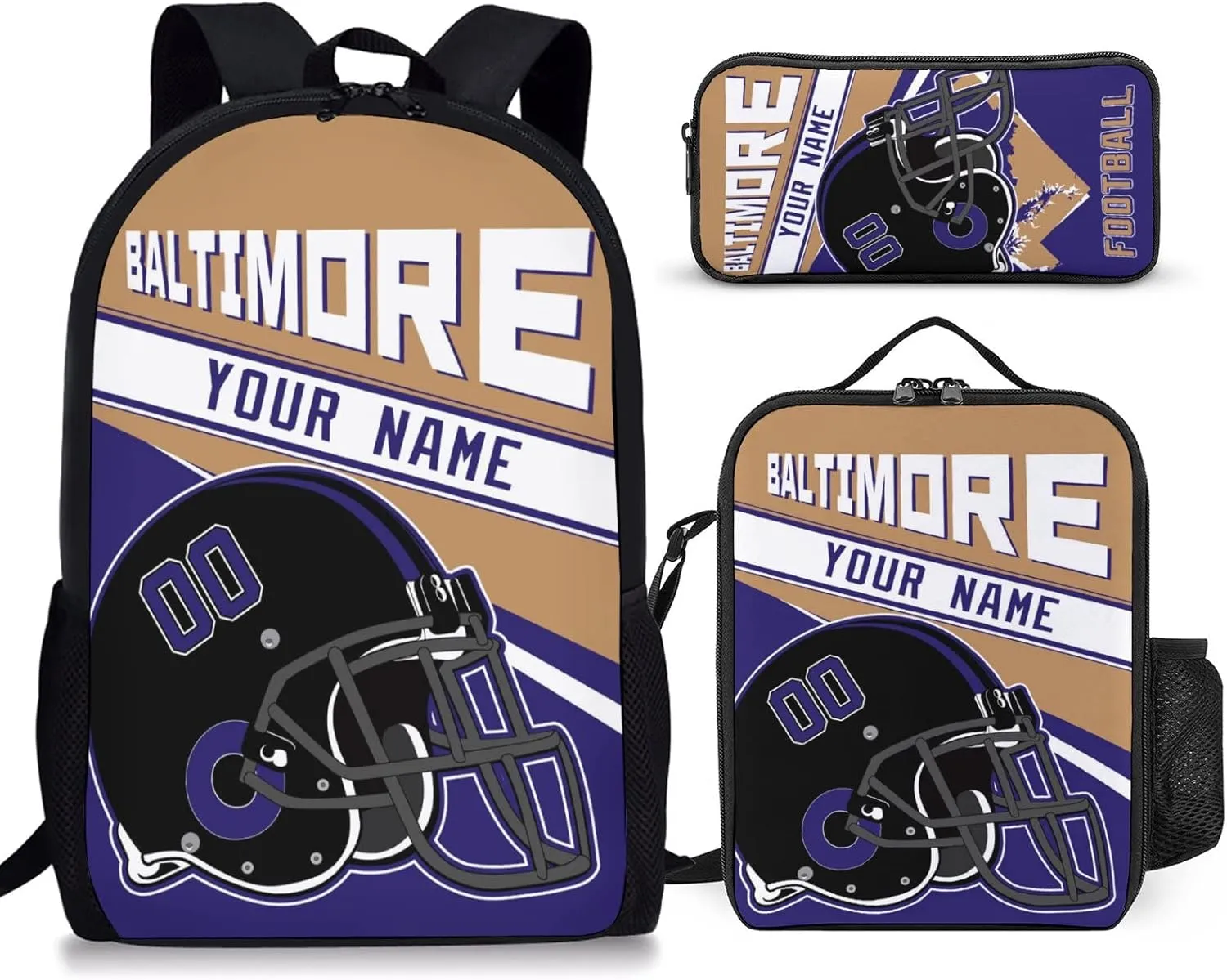 Baltimore Custom Football Backpack 3 Piece Set Add Your Name And Nume School Bag with Lunch Box and Pen Case Set Gift for Boys Girls