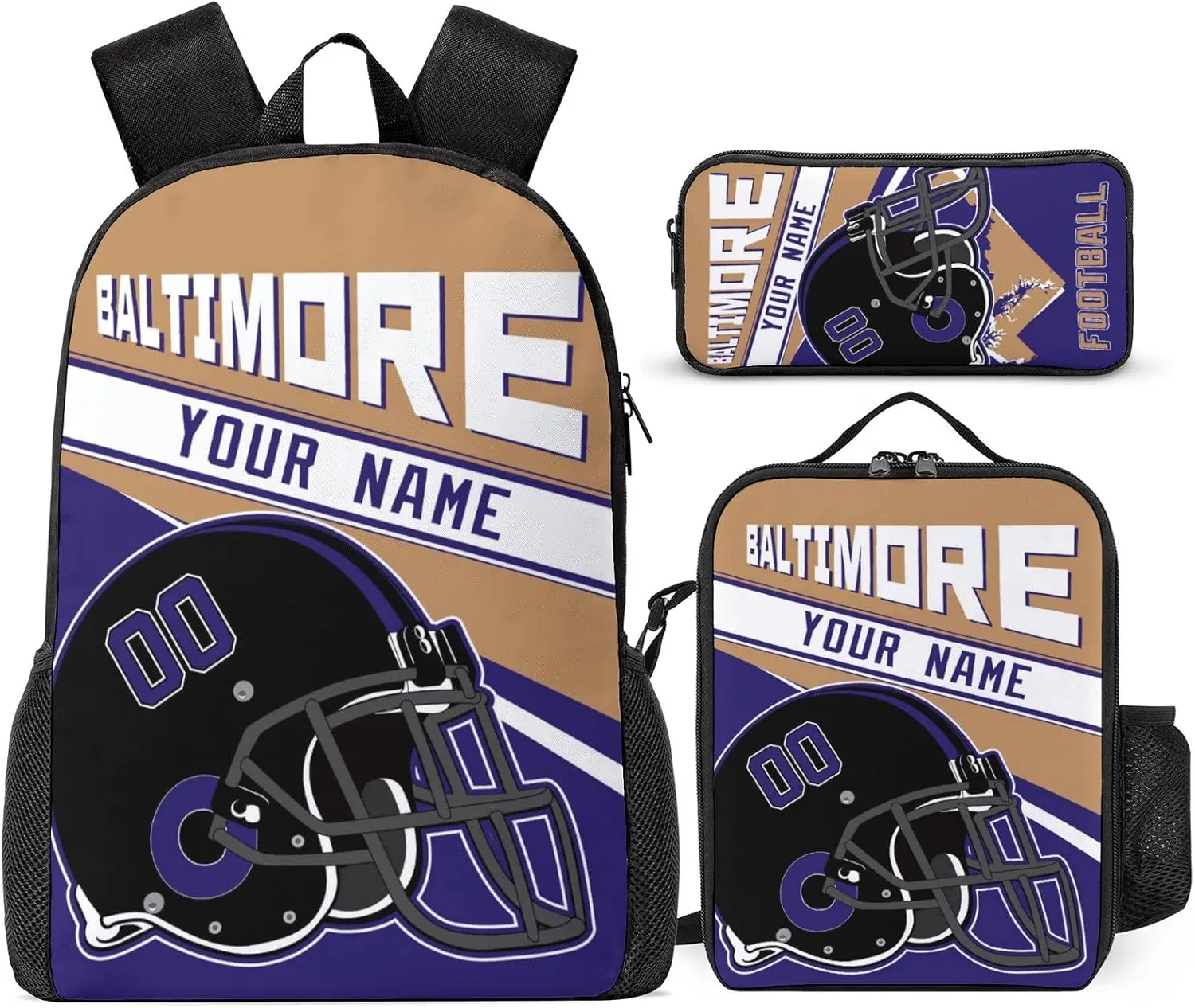Baltimore Custom Football Backpack 3 Piece Set Add Your Name And Nume School Bag with Lunch Box and Pen Case Set Gift for Boys Girls