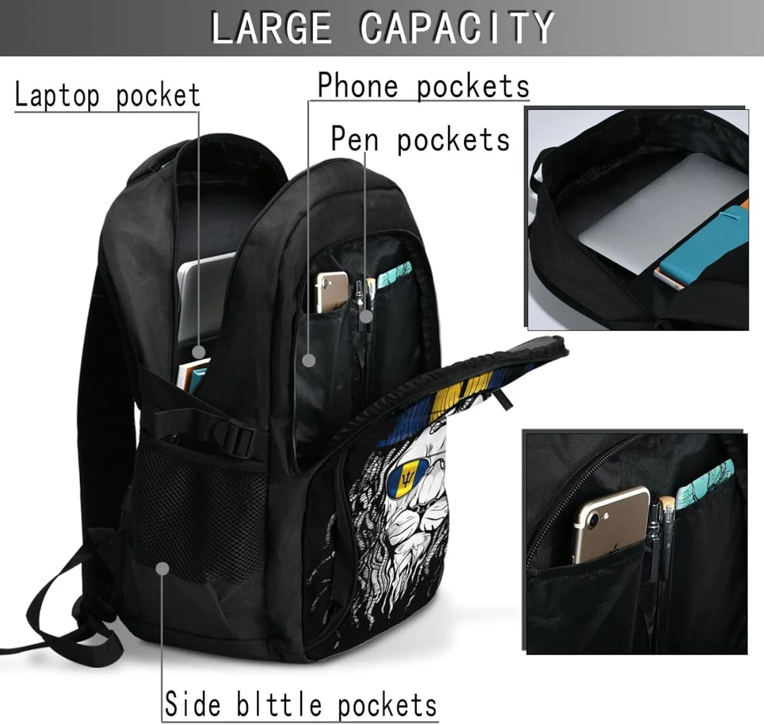Barbados Lion Flag Casual Travel Backpacks Hiking Camping Backpack Large Outdoor Sport Daypack Laptop Rucksack Climbing Working Bags with USB Port