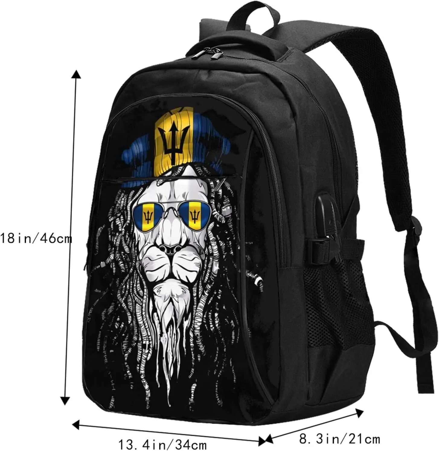 Barbados Lion Flag Casual Travel Backpacks Hiking Camping Backpack Large Outdoor Sport Daypack Laptop Rucksack Climbing Working Bags with USB Port