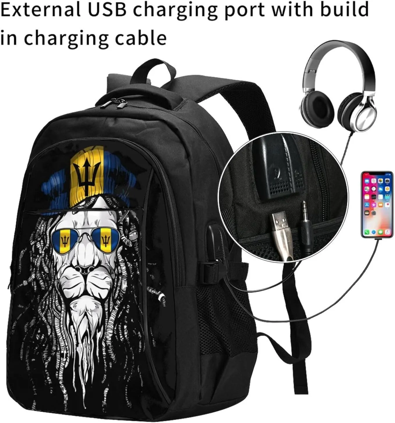 Barbados Lion Flag Casual Travel Backpacks Hiking Camping Backpack Large Outdoor Sport Daypack Laptop Rucksack Climbing Working Bags with USB Port