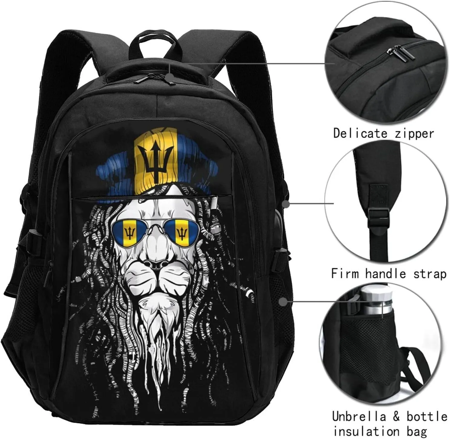 Barbados Lion Flag Casual Travel Backpacks Hiking Camping Backpack Large Outdoor Sport Daypack Laptop Rucksack Climbing Working Bags with USB Port