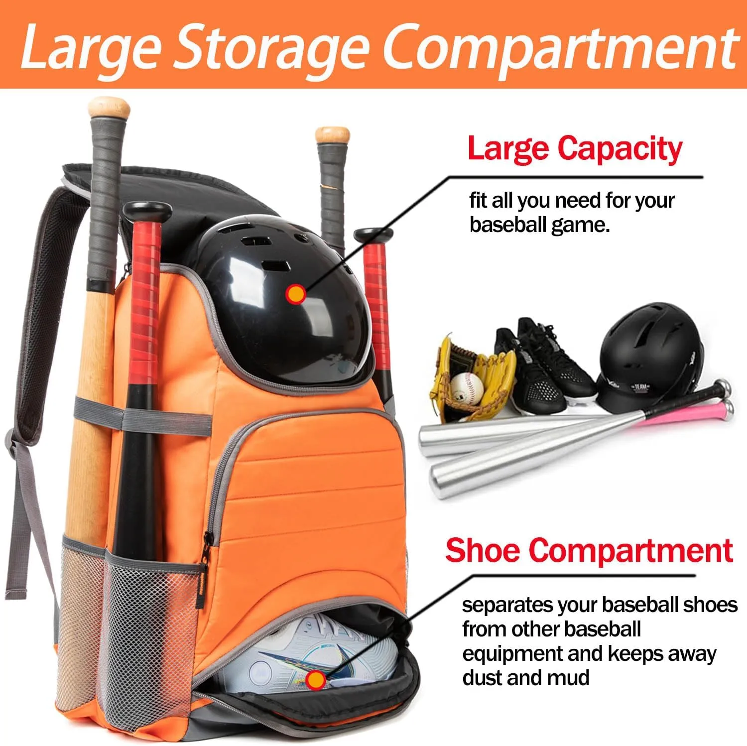 Baseball Bag - Lightweight Softball & T-Ball Backpack with Shoe Compartment for Equipment & Gear