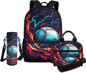 Baseball Elementary Backpack for Boys 4 PCS Kids Bookbag and Lunch Box Set Ages 8-12 Ergonomic 17 Inch 5th Grade School Bag with Water Bottle Holder Travel Daypack