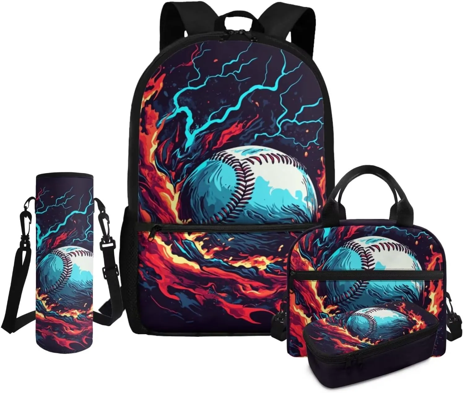 Baseball Elementary Backpack for Boys 4 PCS Kids Bookbag and Lunch Box Set Ages 8-12 Ergonomic 17 Inch 5th Grade School Bag with Water Bottle Holder Travel Daypack
