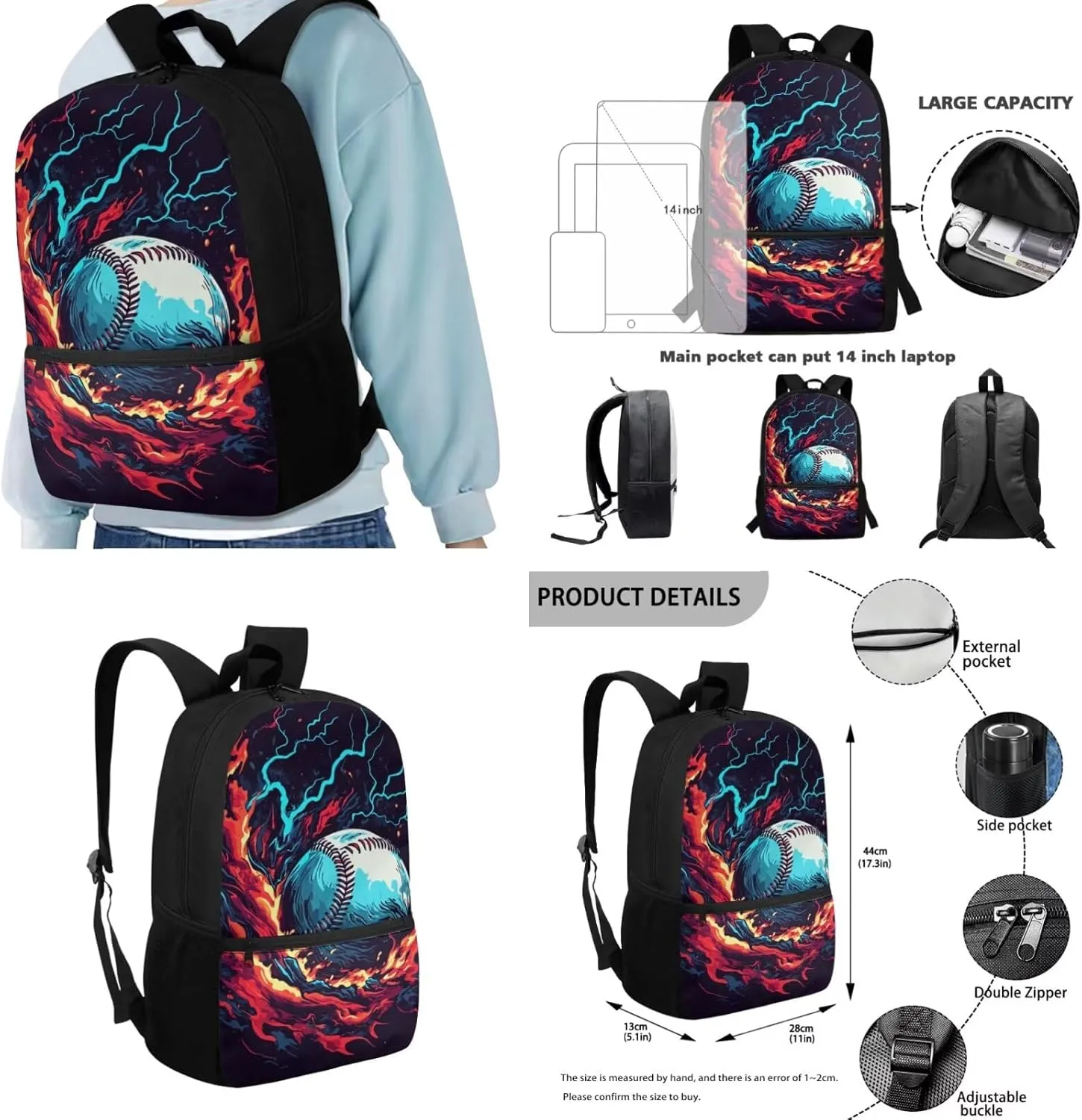 Baseball Elementary Backpack for Boys 4 PCS Kids Bookbag and Lunch Box Set Ages 8-12 Ergonomic 17 Inch 5th Grade School Bag with Water Bottle Holder Travel Daypack