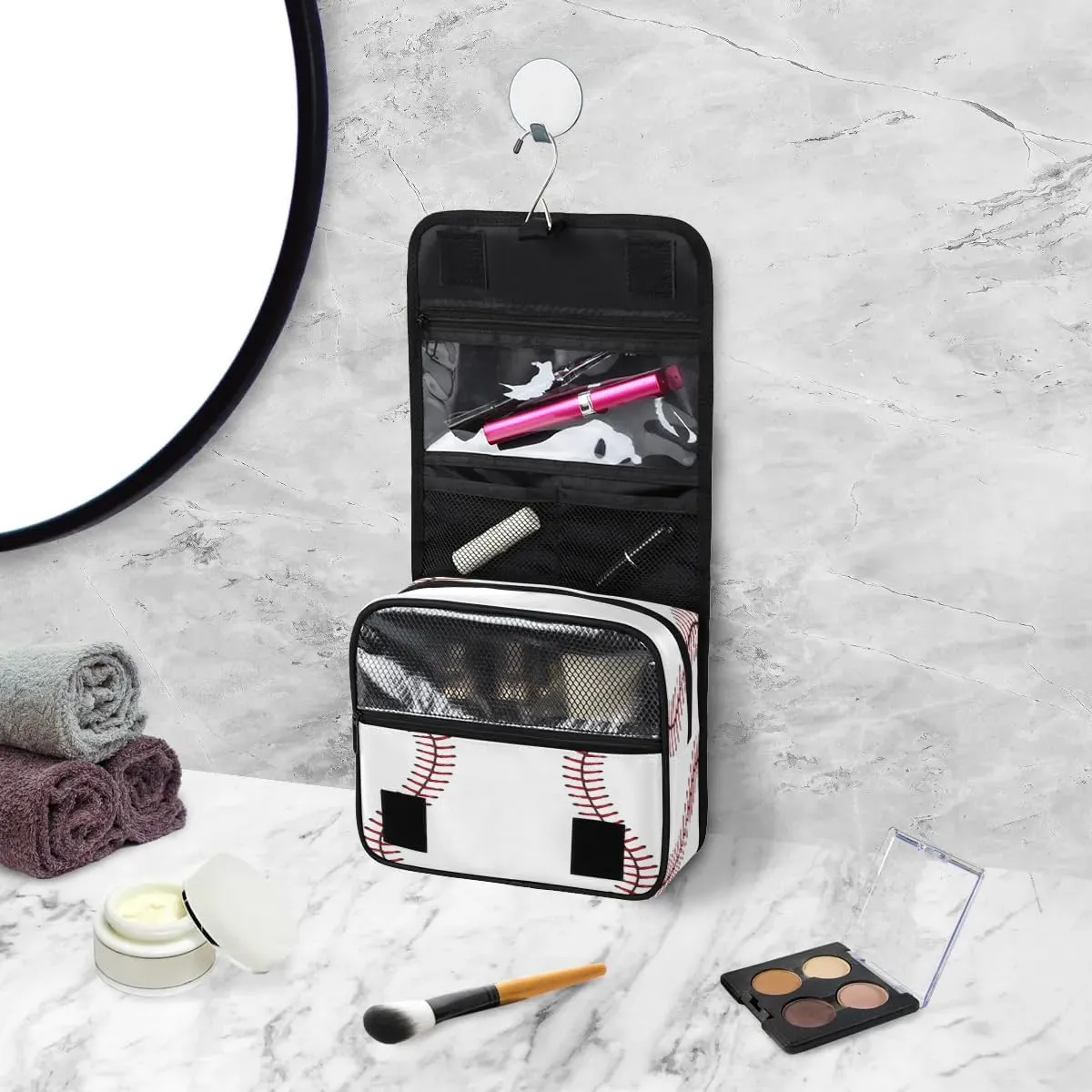 Baseball Texture Pattern Hanging Toiletry Bag Waterproof Makeup Cosmetic Bag Travel Bag Organizer for Accessories Shampoo Full Sized Container Travel-Essentials Toiletry Bag