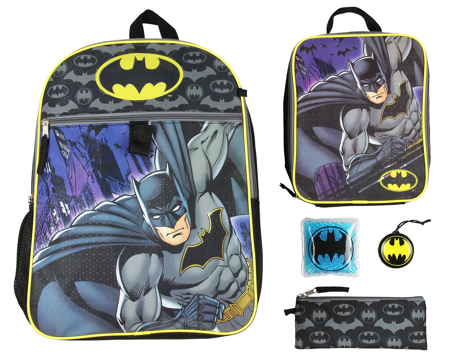 Batman Kids 16" Backpack 5 PC Classic Comic Design Combo Set