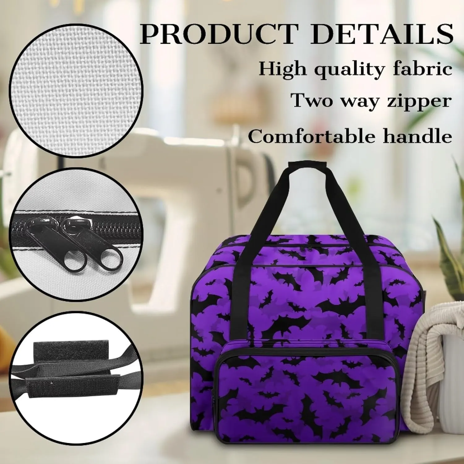 Bats Sewing Machine Carrying Case Two Way Zipper Sewing Machine Tote Bag Portable Cover Tote Bag with Hand Strap Storage Organization Carrying Bag for Accessories