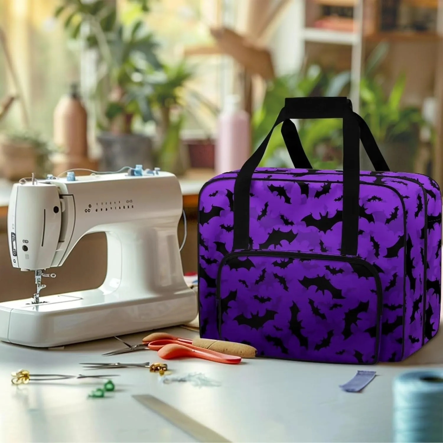 Bats Sewing Machine Carrying Case Two Way Zipper Sewing Machine Tote Bag Portable Cover Tote Bag with Hand Strap Storage Organization Carrying Bag for Accessories
