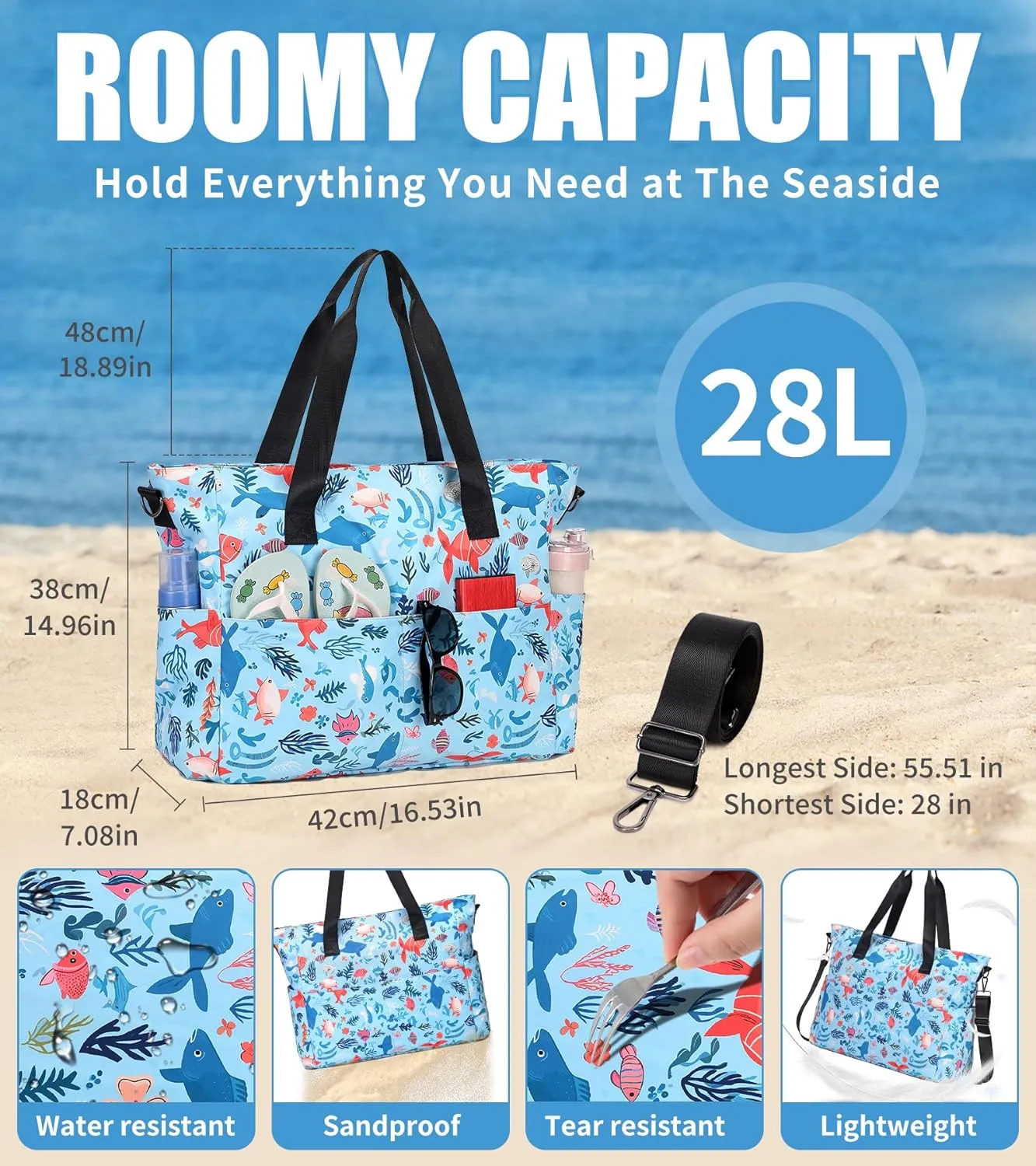 Beach Bags for Women, Large Waterproof Sandproof Swim Pool Bag with Dry Wet Seperated Pocket Utility Tote Bag