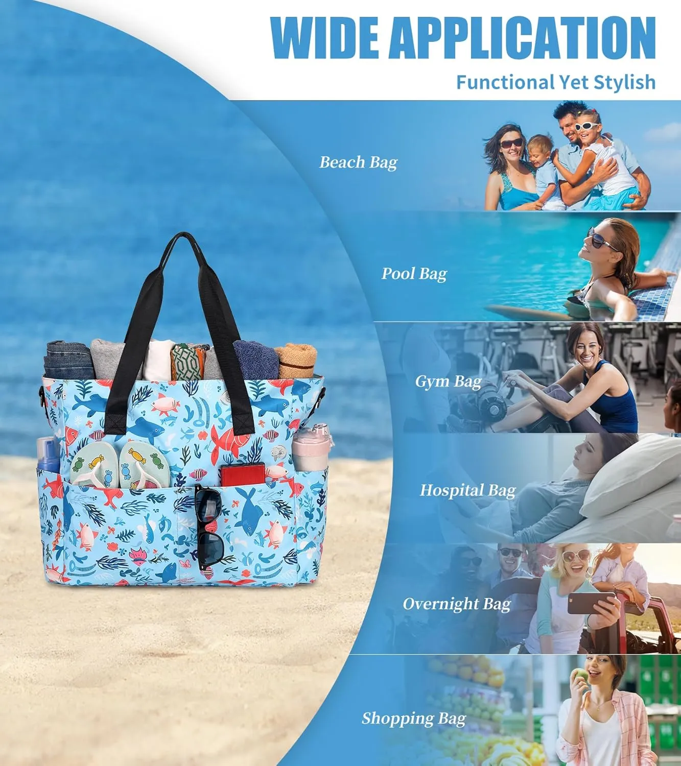 Beach Bags for Women, Large Waterproof Sandproof Swim Pool Bag with Dry Wet Seperated Pocket Utility Tote Bag