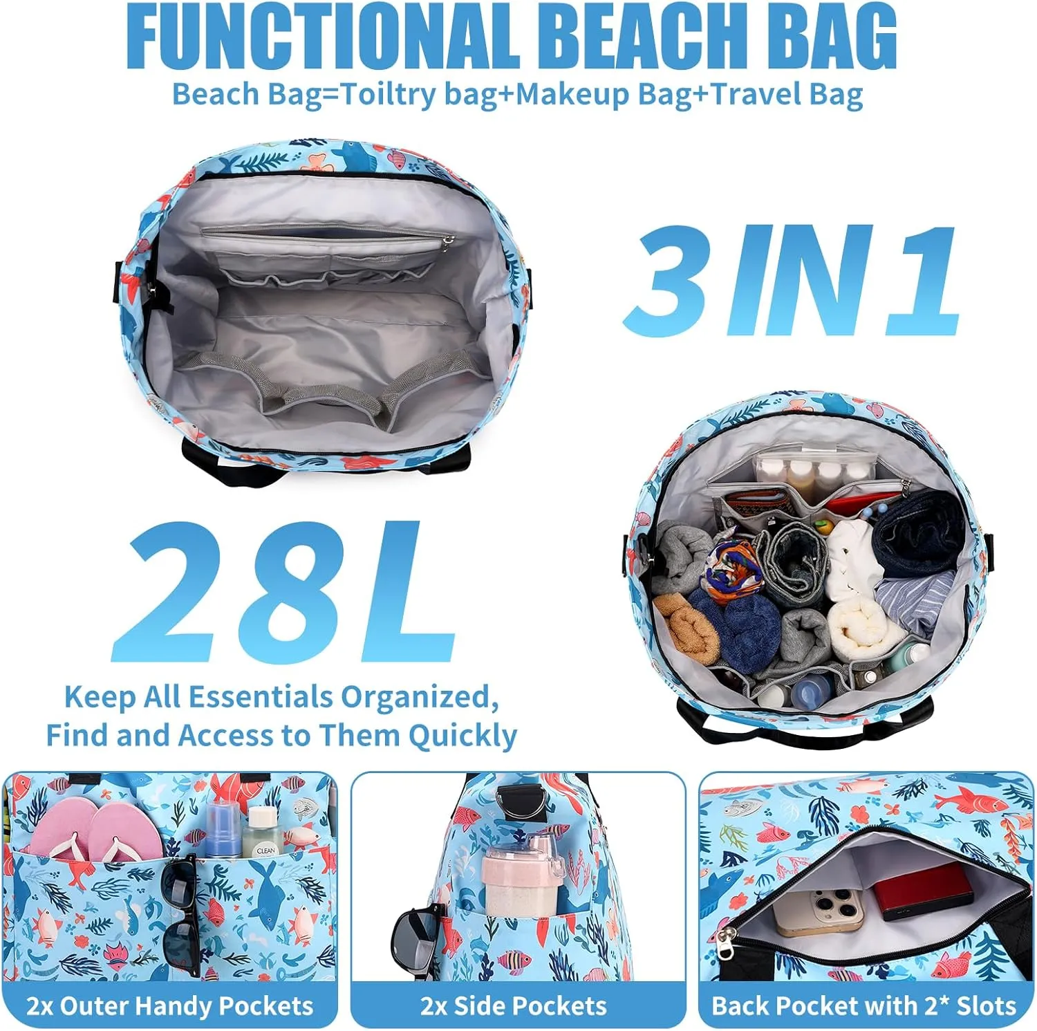 Beach Bags for Women, Large Waterproof Sandproof Swim Pool Bag with Dry Wet Seperated Pocket Utility Tote Bag