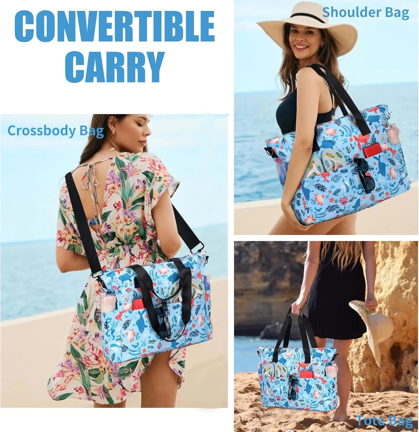Beach Bags for Women, Large Waterproof Sandproof Swim Pool Bag with Dry Wet Seperated Pocket Utility Tote Bag