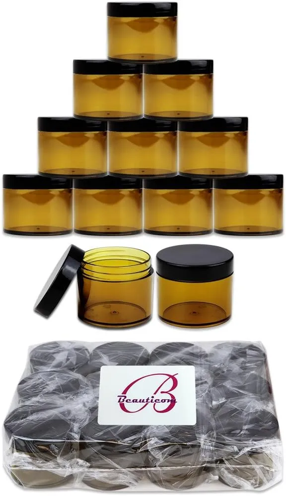Beauticom 2 oz./ 60 Grams/ 60 ML (Quantity: 36 Packs) Thick Wall Round Amber Plastic Leak-Proof Jars Container with Black Lids for Cosmetic, Lip Balm, Lip Gloss, Creams, Lotions, Liquid