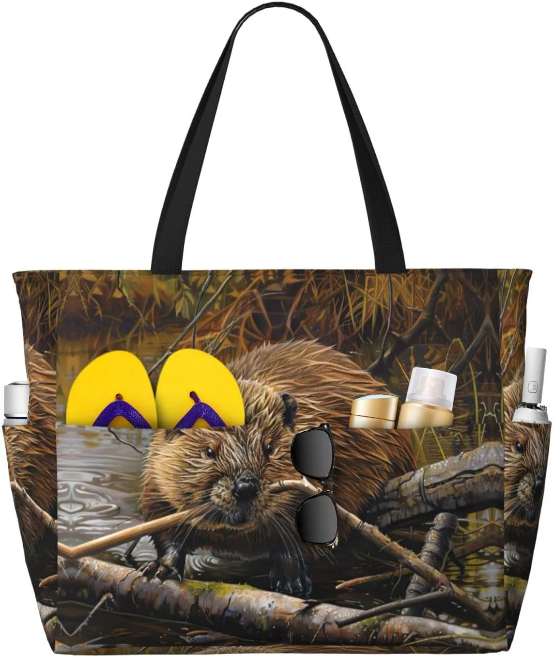 Beaver Working Print Stylish Beach Tote Bag,Large Capacity Handbag,Perfect For Women'S Vacation And Daily Use