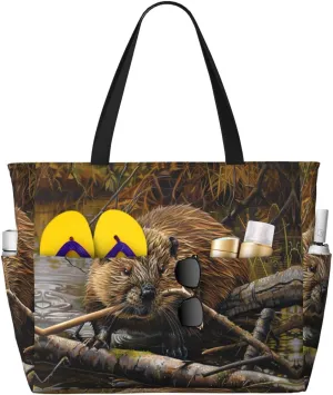 Beaver Working Print Stylish Beach Tote Bag,Large Capacity Handbag,Perfect For Women'S Vacation And Daily Use