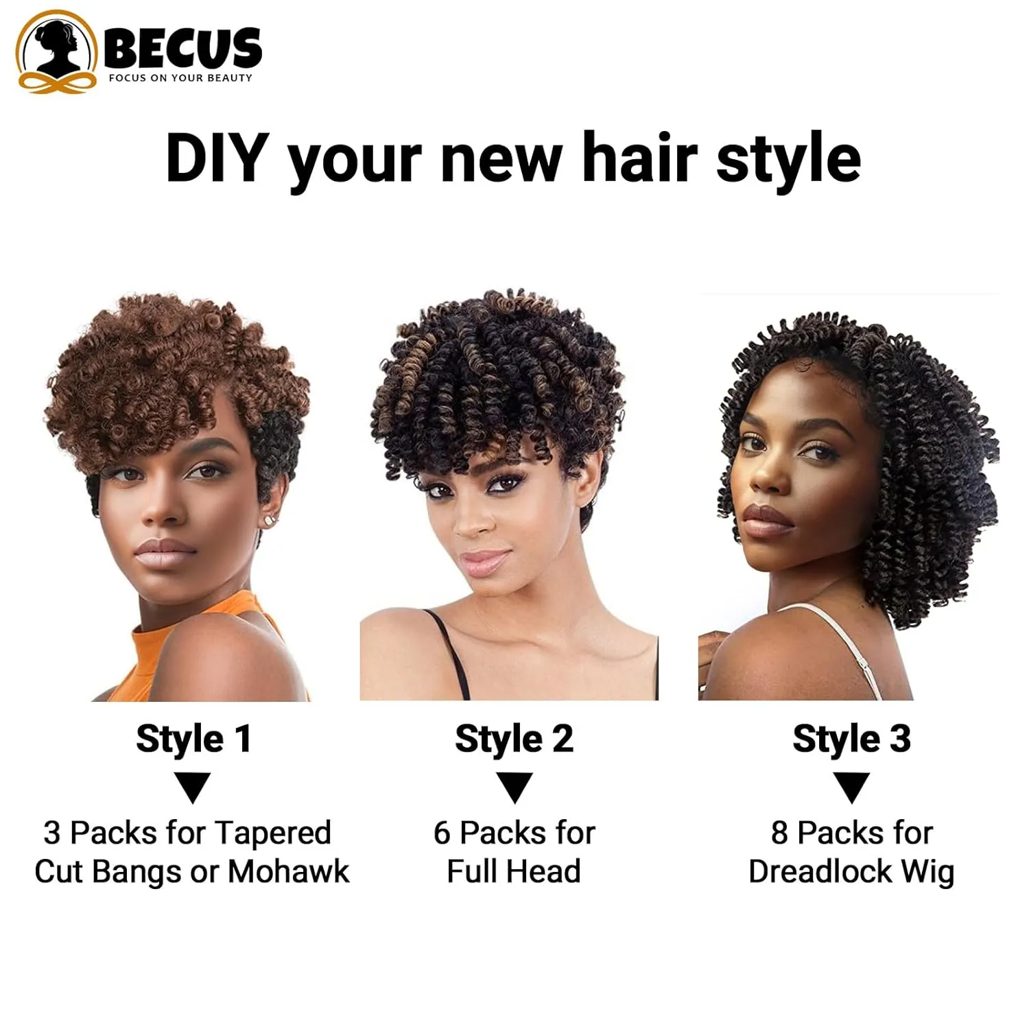 BECUS 3Packs 10inch Black Short Crochet Hair for Black Women Bouncy Crochet Braids Synthetic Braiding Hair Extensions Curl(8mm) Tapered Cut(Black Mixed Gray #M/60)