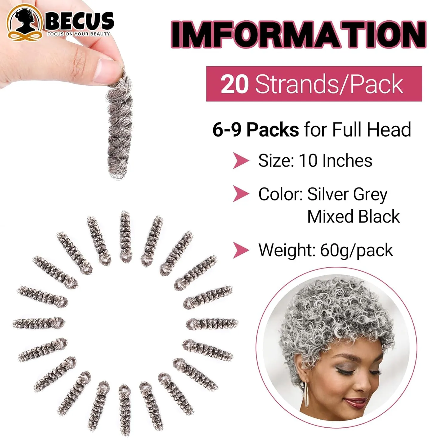 BECUS 3Packs 10inch Black Short Crochet Hair for Black Women Bouncy Crochet Braids Synthetic Braiding Hair Extensions Curl(8mm) Tapered Cut(Black Mixed Gray #M/60)