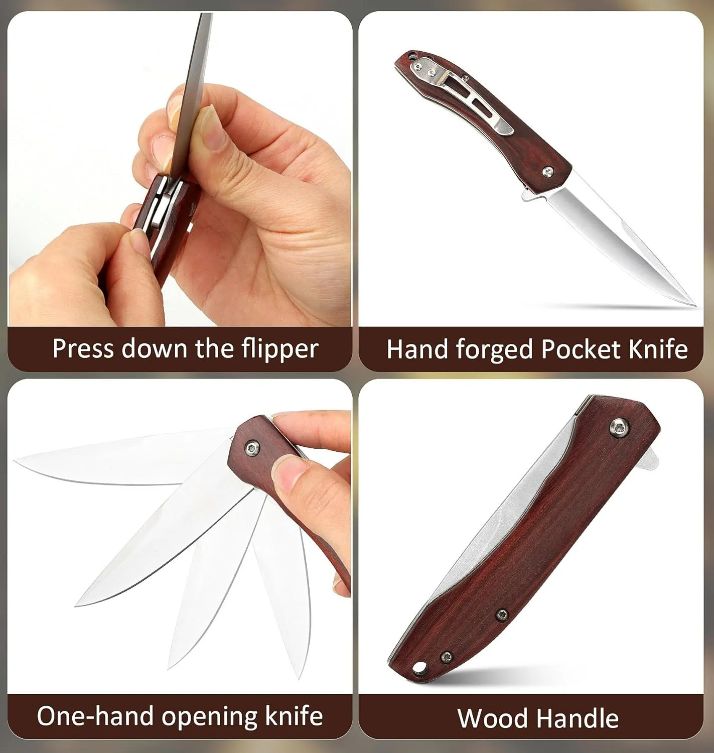 Benkey Folding Pocket Knife, Sharp and Solid D2 Blade Wood Handle, Flipper Camping Folding Knife with Liner Lock Good for EDC Outdoor Survival Camping Collection