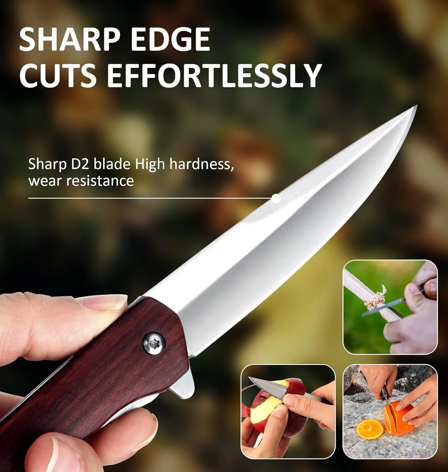 Benkey Folding Pocket Knife, Sharp and Solid D2 Blade Wood Handle, Flipper Camping Folding Knife with Liner Lock Good for EDC Outdoor Survival Camping Collection