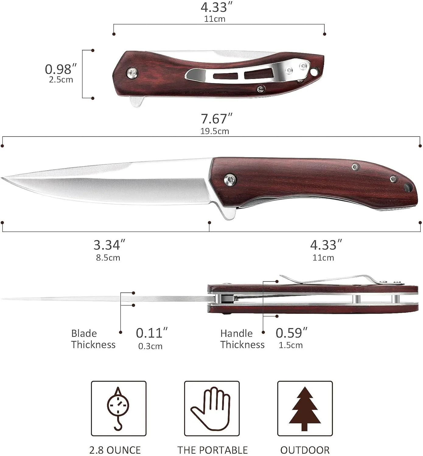 Benkey Folding Pocket Knife, Sharp and Solid D2 Blade Wood Handle, Flipper Camping Folding Knife with Liner Lock Good for EDC Outdoor Survival Camping Collection