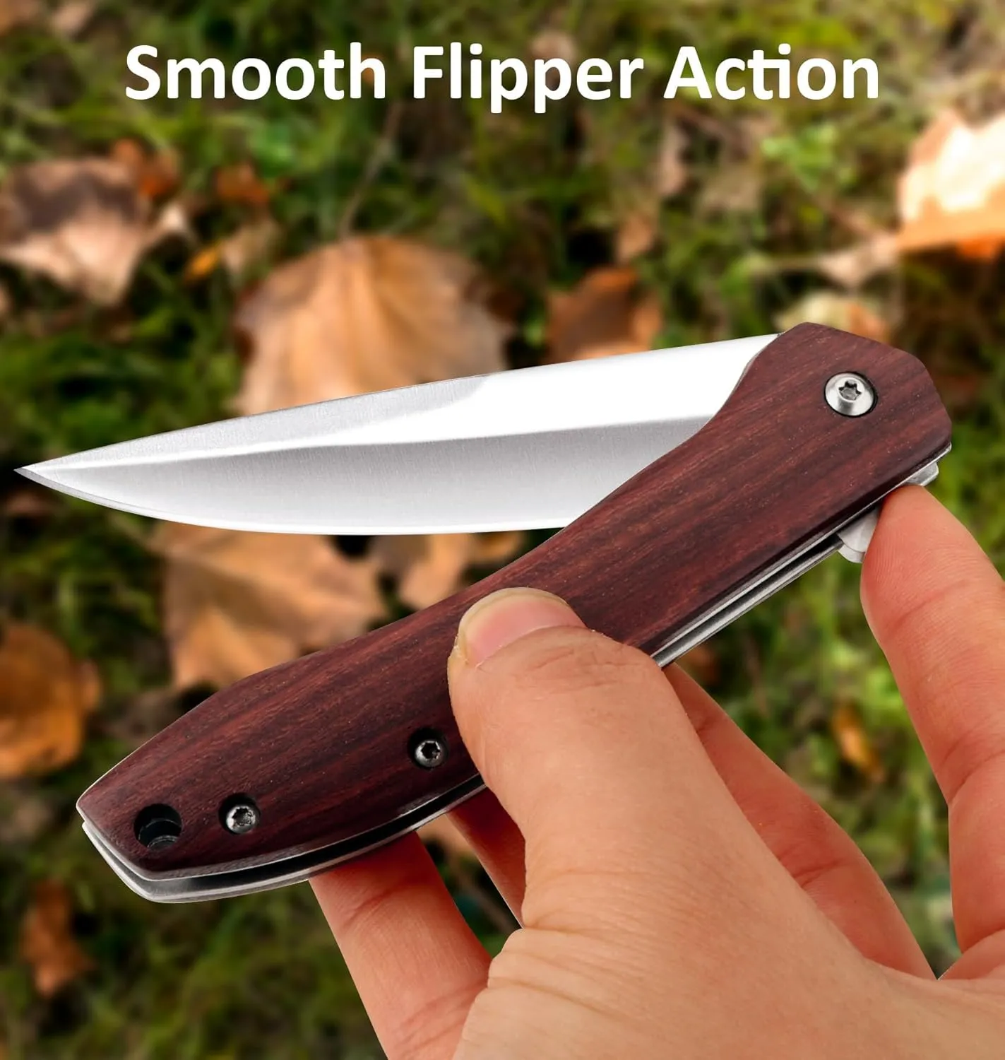 Benkey Folding Pocket Knife, Sharp and Solid D2 Blade Wood Handle, Flipper Camping Folding Knife with Liner Lock Good for EDC Outdoor Survival Camping Collection