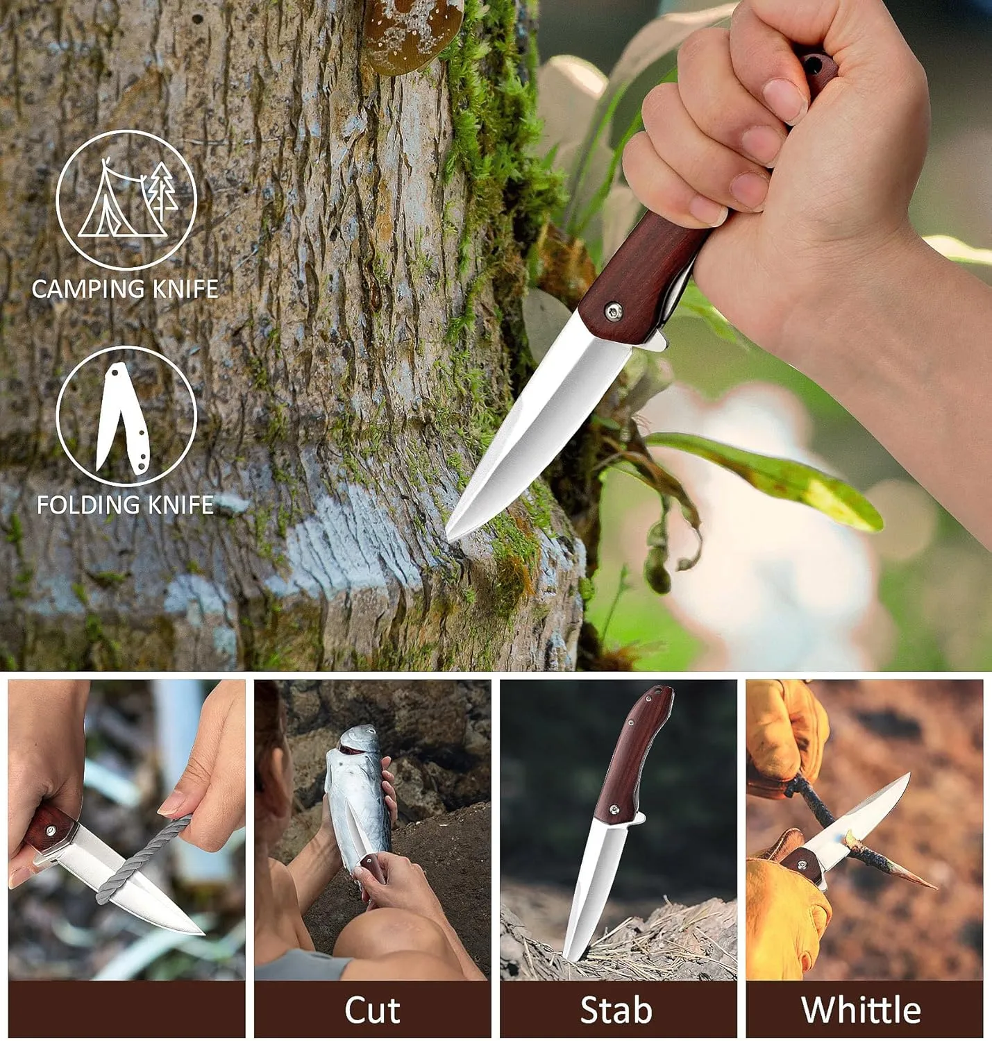 Benkey Folding Pocket Knife, Sharp and Solid D2 Blade Wood Handle, Flipper Camping Folding Knife with Liner Lock Good for EDC Outdoor Survival Camping Collection