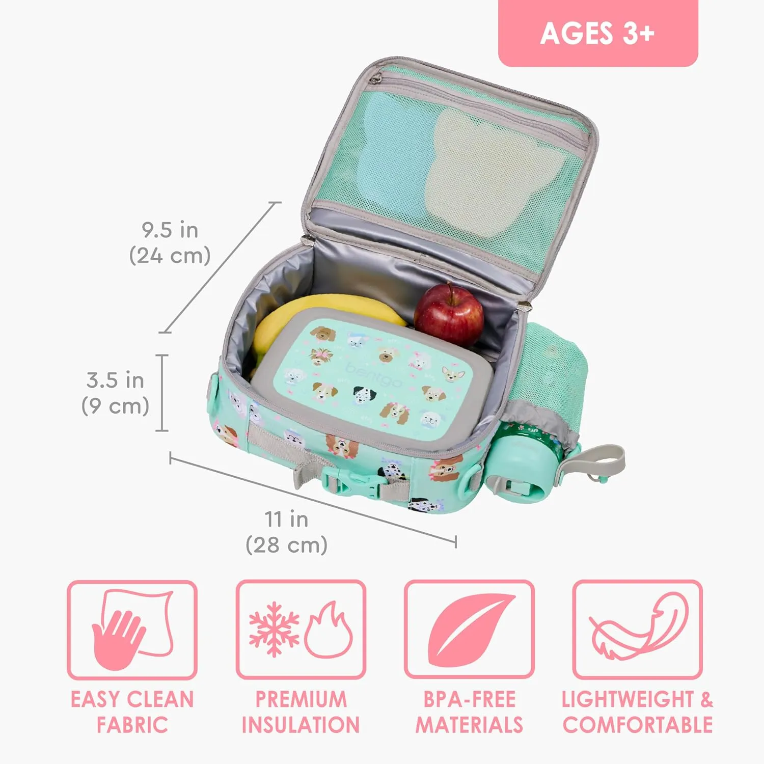 Bentgo Kids Lunch Bag - Durable, Double-Insulated Lunch Bag for Kids 3 ; Holds Lunch Box, Water Bottle, & Snacks; Easy-Clean Water-Resistant Fabric & Multiple Zippered Pockets (Puppy Love)