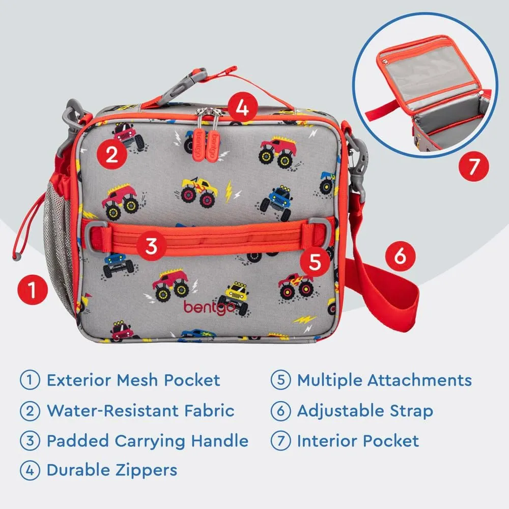 Bentgo Kids Lunch Bag - Durable, Double-Insulated Lunch Bag for Kids 3 ; Holds Lunch Box, Water Bottle, & Snacks; Easy-Clean Water-Resistant Fabric & Multiple Zippered Pockets (Trucks)