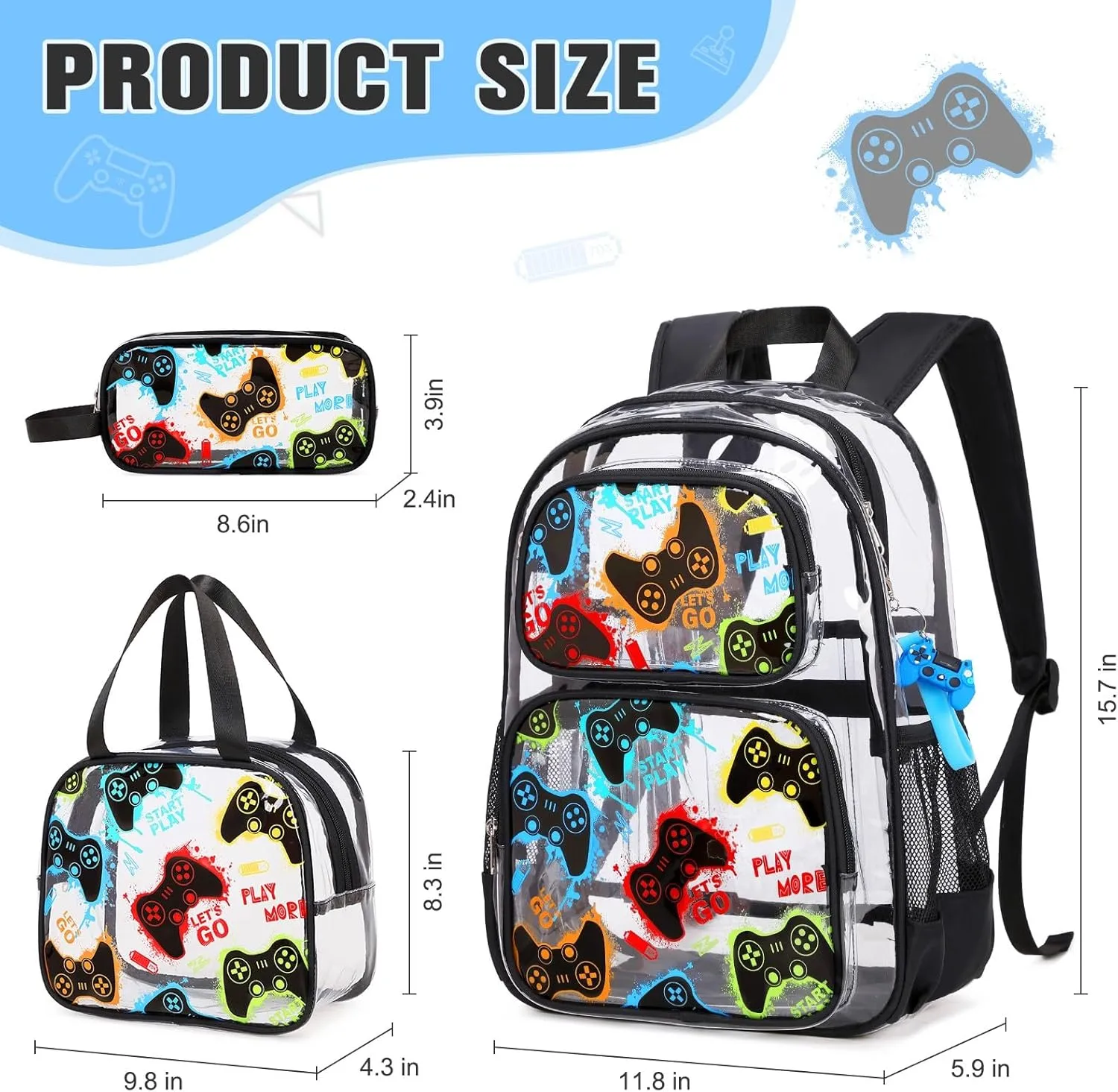 Bevalsa Clear Gaming Backpack for Boys Girls Kids, Transparent Backpack with Lunch Bag & Pen Case for Toddler Kindergarten Elementary School, Heavy Duty See Through Bookbag Stadium Approved (Scrawl)