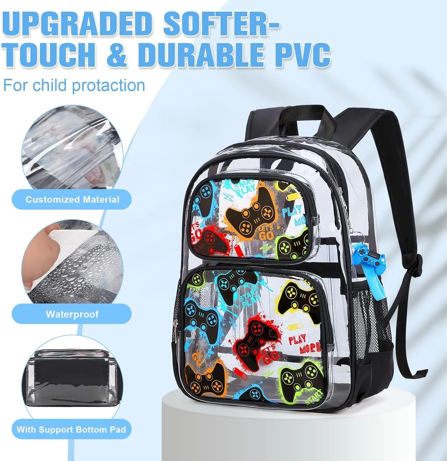 Bevalsa Clear Gaming Backpack for Boys Girls Kids, Transparent Backpack with Lunch Bag & Pen Case for Toddler Kindergarten Elementary School, Heavy Duty See Through Bookbag Stadium Approved (Scrawl)