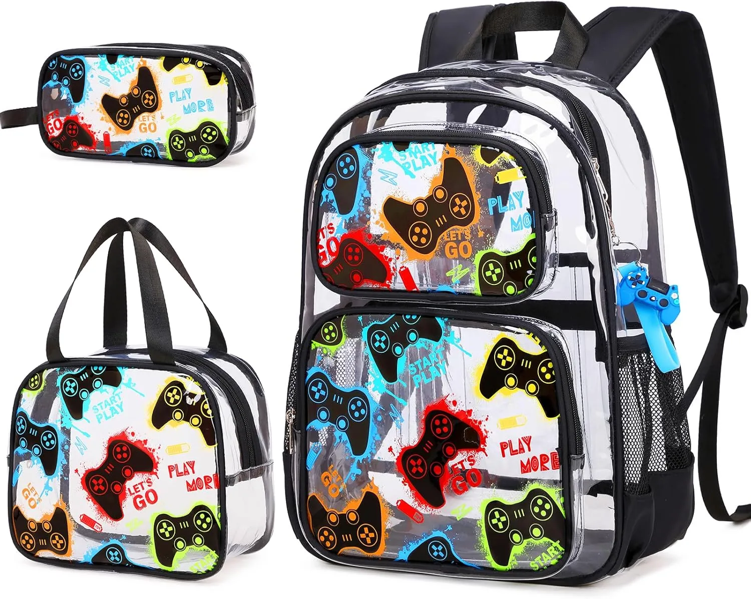 Bevalsa Clear Gaming Backpack for Boys Girls Kids, Transparent Backpack with Lunch Bag & Pen Case for Toddler Kindergarten Elementary School, Heavy Duty See Through Bookbag Stadium Approved (Scrawl)