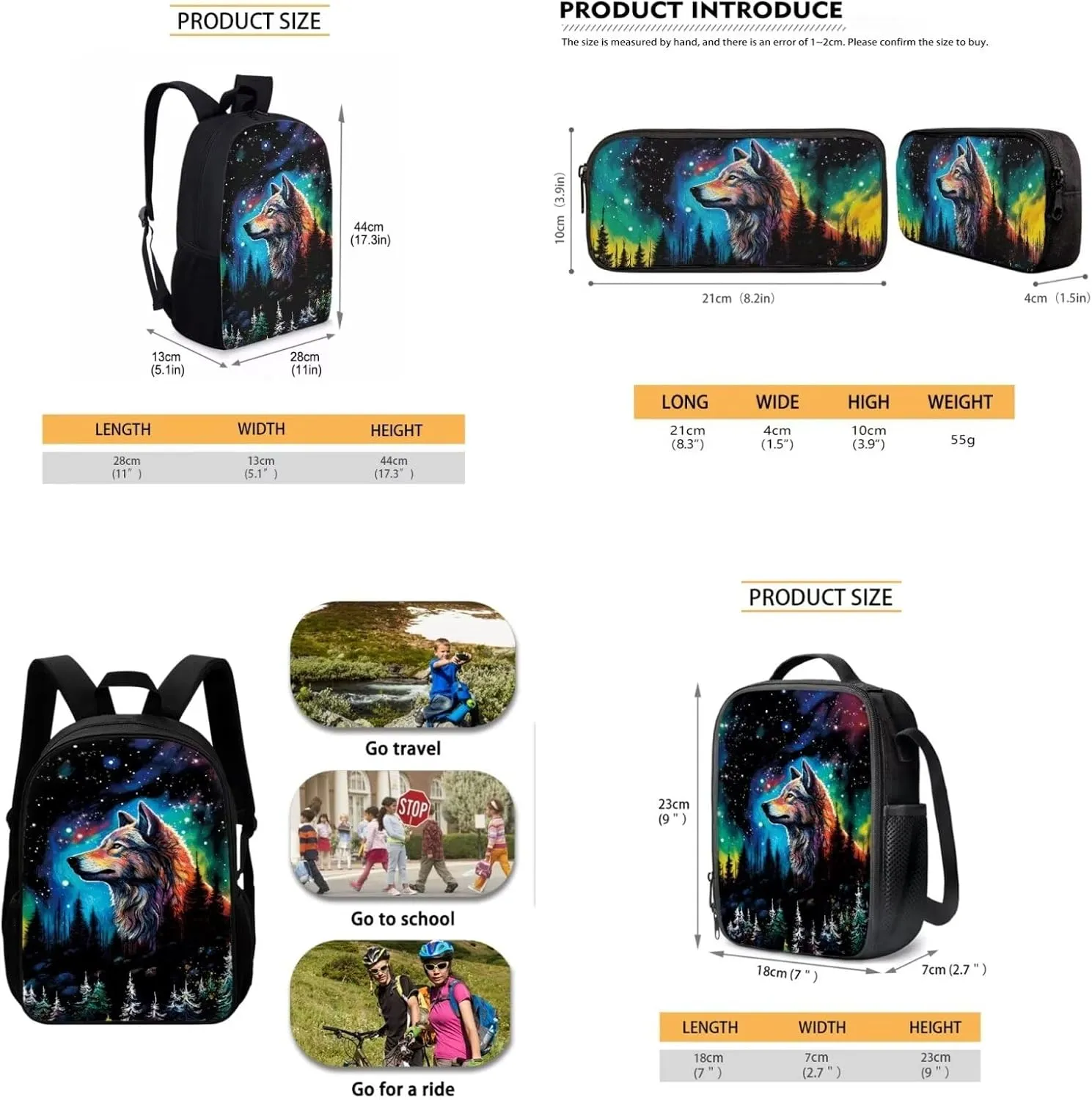 Biyejit Kid's School Bag Set Included Shoulder Bagpack Lunch Tote Bags Pen Holder Organizer 3 Piece