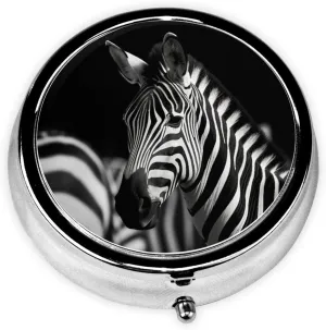 Black & White Zebra Pill Box Round Pill Case for Pocket Purse 3 Compartment Medicine Pill Organizer Cute Portable Travel Pillbox Vitamin Cod Liver Oil Storage Box Unique Gift Organizer