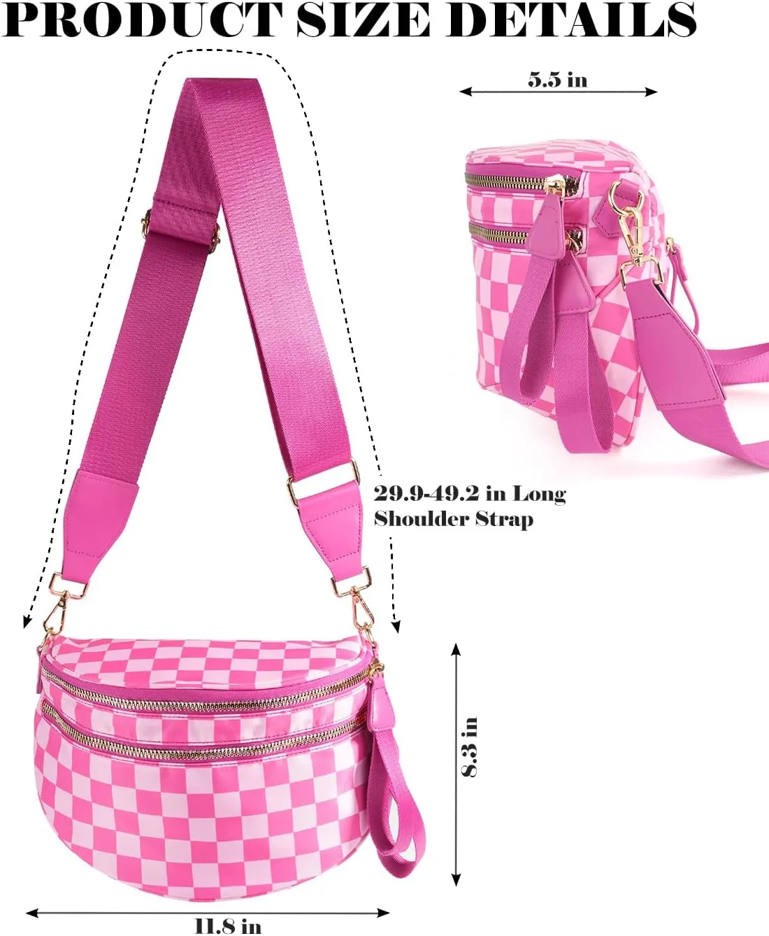 Black and White Checkered Crossbody Bag Bum Bag for Women,Spacious Checkered Purse Fanny Packs Belt Bag